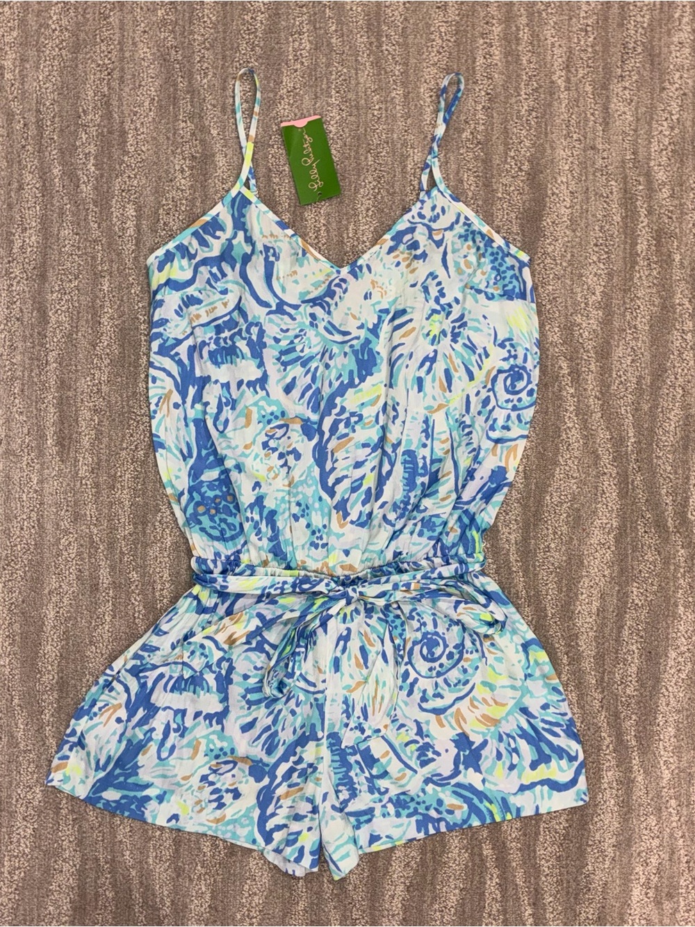 NWT Lilly Pulitzer Deanna Romper Salty Seas Satin Tie Waist Preppy Women’s S